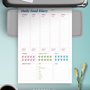 Pu&ograve; includere: Una pagina PDF stampabile di diario alimentare giornaliero con sezioni per colazione, pranzo, cena, spuntini, vitamine, frutta, verdura, acqua, allenamento, statistiche e note con colonne per orario e calorie o punti.