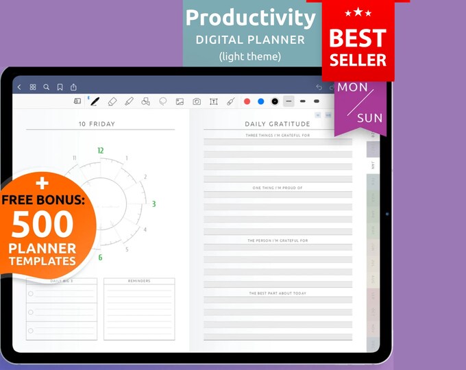 Daily Productivity Digital Planner for Goodnotes, Notability, Productivity Goals Template for iPad, Android