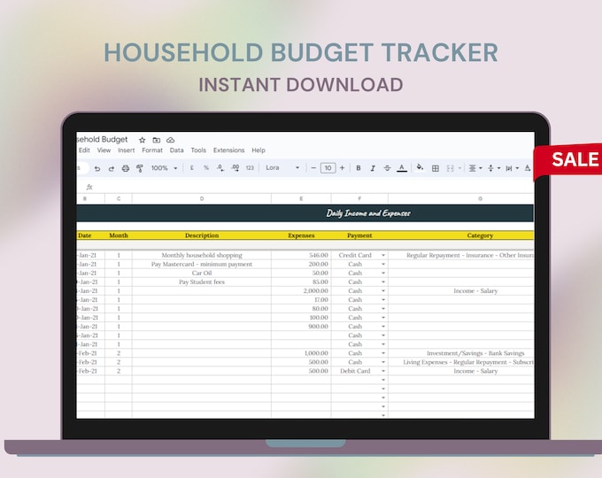 Household Budget Tracker - Track Budgeted Income and Expense Amounts vs Actual Amounts, on a Monthly Basis in Google Sheets