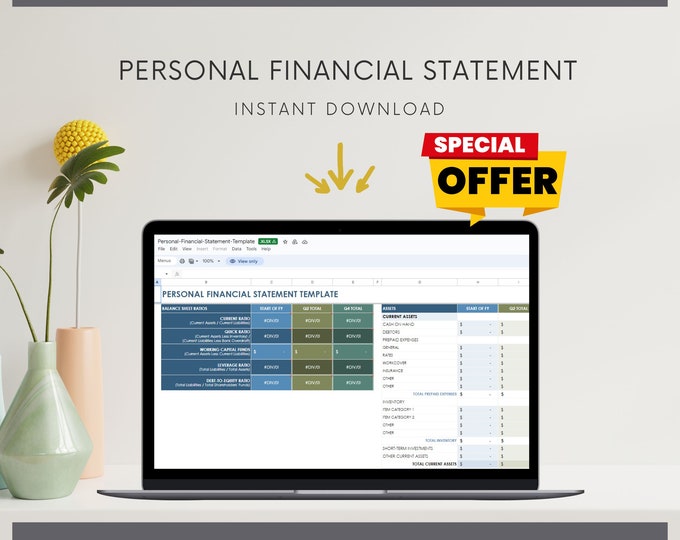 Personal Financial Statement Template - Track Your Finances with Ease - Printable Excel Spreadsheet - Financial Planning Tool