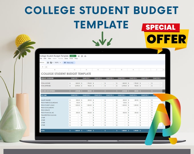 Student Budget Spreadsheet for Google Sheets and Excel, College Budget Planner