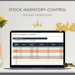 Peut inclure: Un écran d'ordinateur affiche une feuille de calcul Stock Inventory Control avec des colonnes pour les numéros d'articles, les noms et les fournisseurs. Le texte indique STOCK-INVENTORY-CONTROL et INSTANT DOWNLOAD. Un graphique SALE doré et un badge 100% AUTHENTIC sont visibles.