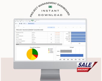 May include: A computer monitor displaying a project management dashboard spreadsheet with task lists, a blue bar chart, a pie chart labelled Overall Task Status, and a budget bar chart. The text reads Project Management Dashboard and Instant Download.