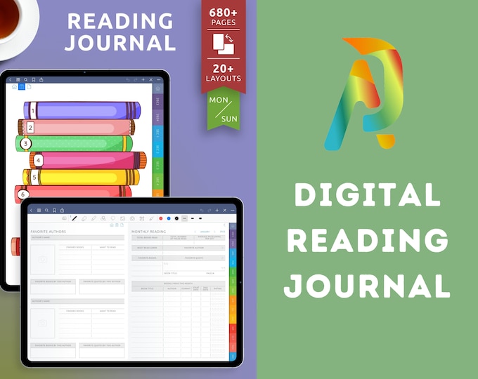 Digital Reading Journal, Digital Book Tracker for GoodNotes, iPad & Android Digital Reading Log, Digital Bookshelf, Portrait Reading Planner