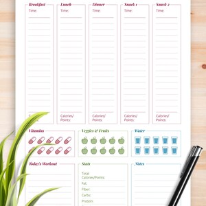 Pu&ograve; includere: Un foglio stampabile Daily Food Diary con sezioni per colazione, pranzo, cena e due spuntini con monitoraggio delle calorie. Include tracker per vitamine, frutta, verdura, acqua, allenamento e statistiche giornaliere.