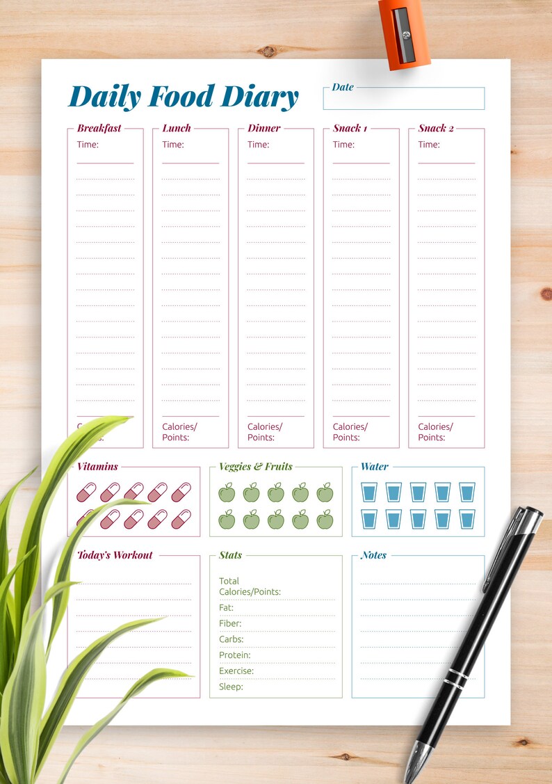 Pu&ograve; includere: Un foglio stampabile Daily Food Diary con sezioni per colazione, pranzo, cena e due spuntini con monitoraggio delle calorie. Include tracker per vitamine, frutta, verdura, acqua, allenamento e statistiche giornaliere.
