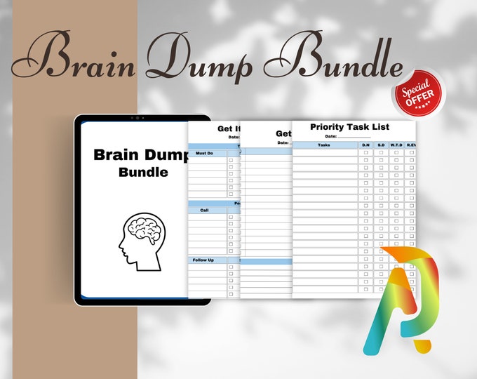 Brain Dump Template BUNDLE, To Do List Printable,Daily Planner, Productivity, Priority Matrix, Work Day, Thoughts Organizer