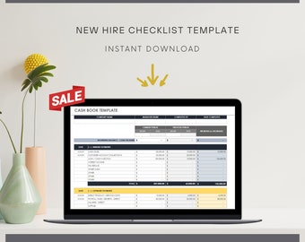 May include: A laptop screen displays a Cash Book Template with columns for company name, manager name, and financial data. Above the screen, the text reads New Hire Checklist Template and Instant Download with a yellow arrow pointing down.