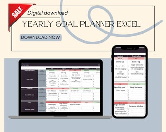 May include: A digital yearly goal planner Excel spreadsheet displayed on a laptop screen and a smartphone. The interface features categorized sections for health, vitality, and financial goals with monthly tracking columns and action plan lists.