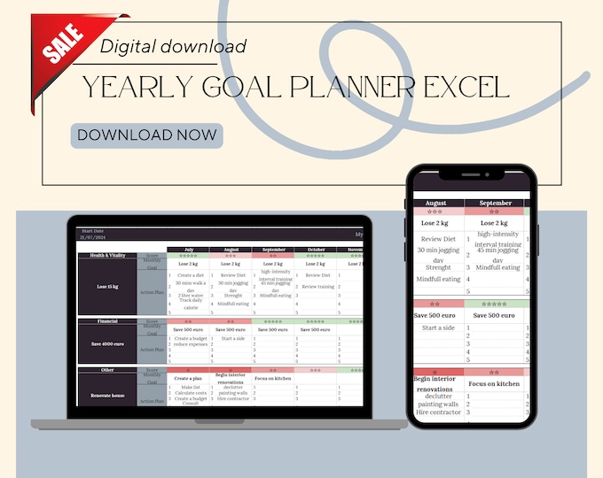 Yearly Goal Planner Excel - Google Sheets, Goal Tracker Spreadsheet  2024-2025