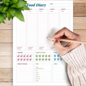 Pu&ograve; includere: Un modello PDF stampabile di diario alimentare con sezioni per pasti, spuntini, vitamine, assunzione di acqua, allenamenti e statistiche giornaliere. Il documento include le intestazioni Date, Lunch, Dinner, Snack 1, Snack 2, Vitamins, Veggies & Fruits, Water, Today's Workout, Stats e Notes.