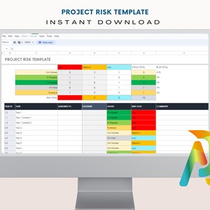 May include: A computer monitor displaying a Project Risk Template spreadsheet with color-coded status cells, task lists, and risk levels. The screen shows text including Project Risk Template and Instant Download, with a colorful logo in the corner.