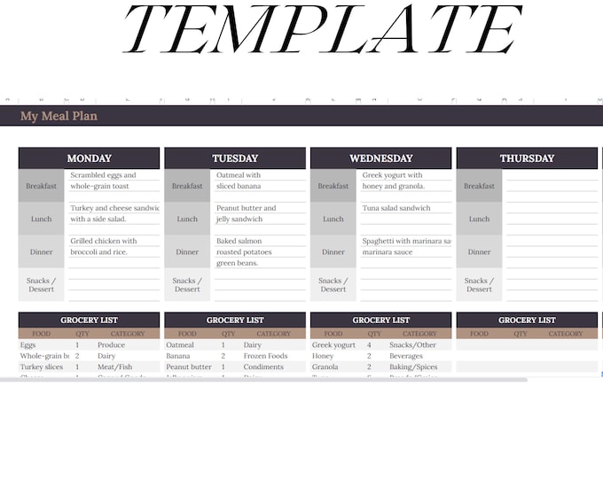 Meal Planning Spreadsheet with Automated Grocery List, Weekly Dinner Planner Template