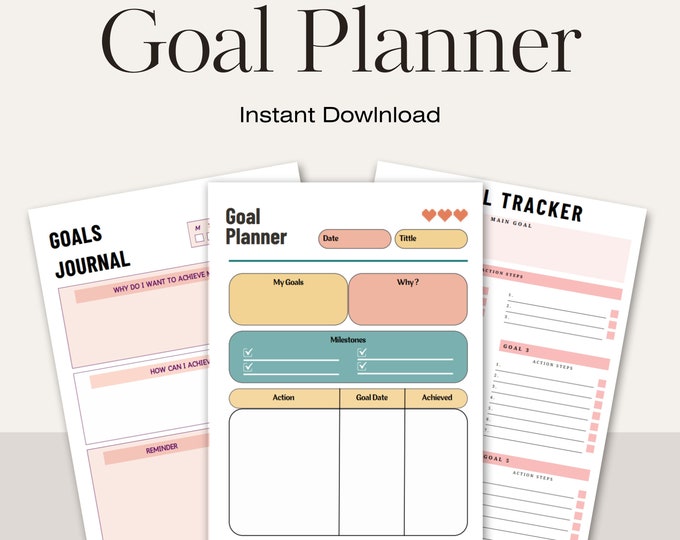 Printable Goal planner bundle, Daily, Weekly, Monthly, Quarterly, Yearly Goals, SMART Goal, New Year Resolution, Reflections, Vision board
