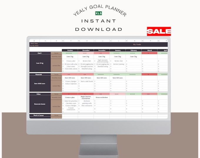 Yearly Goal Planner - Goal Setting, Goal Planning, Productivity Planner, Excel Spreadsheert Printable & Fillable, Instant Download
