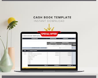 May include: A laptop screen displaying a digital cash book template with columns for company name, manager name, and financial data. A red banner across the top reads SPECIAL OFFER, with yellow arrows pointing down toward the spreadsheet.