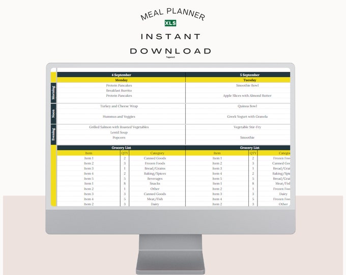 Weekly Meal Planner and Automated Grocery List | Google Sheets Excel Digital Template - Excel Spreadsheet