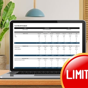 May include: A laptop screen displaying a Cost Benefit Analysis spreadsheet with columns for project details, quantitative costs, intangible costs, and opportunity costs, overlaid with a red circular badge containing the white text LIMITED.