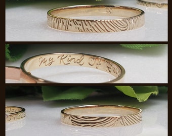Fingerprint ( TOP ) Script Engraved ring ( Inside ) 14kt white rose or yellow gold memorial anniversary wedding band personalized ring