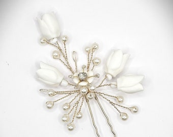 White Flower Ceramic Hair Comb & Hairpins, Hair Accessories, Bridal, Day, Wedding Hair Accessories, Dance, Quinceanera, HD102