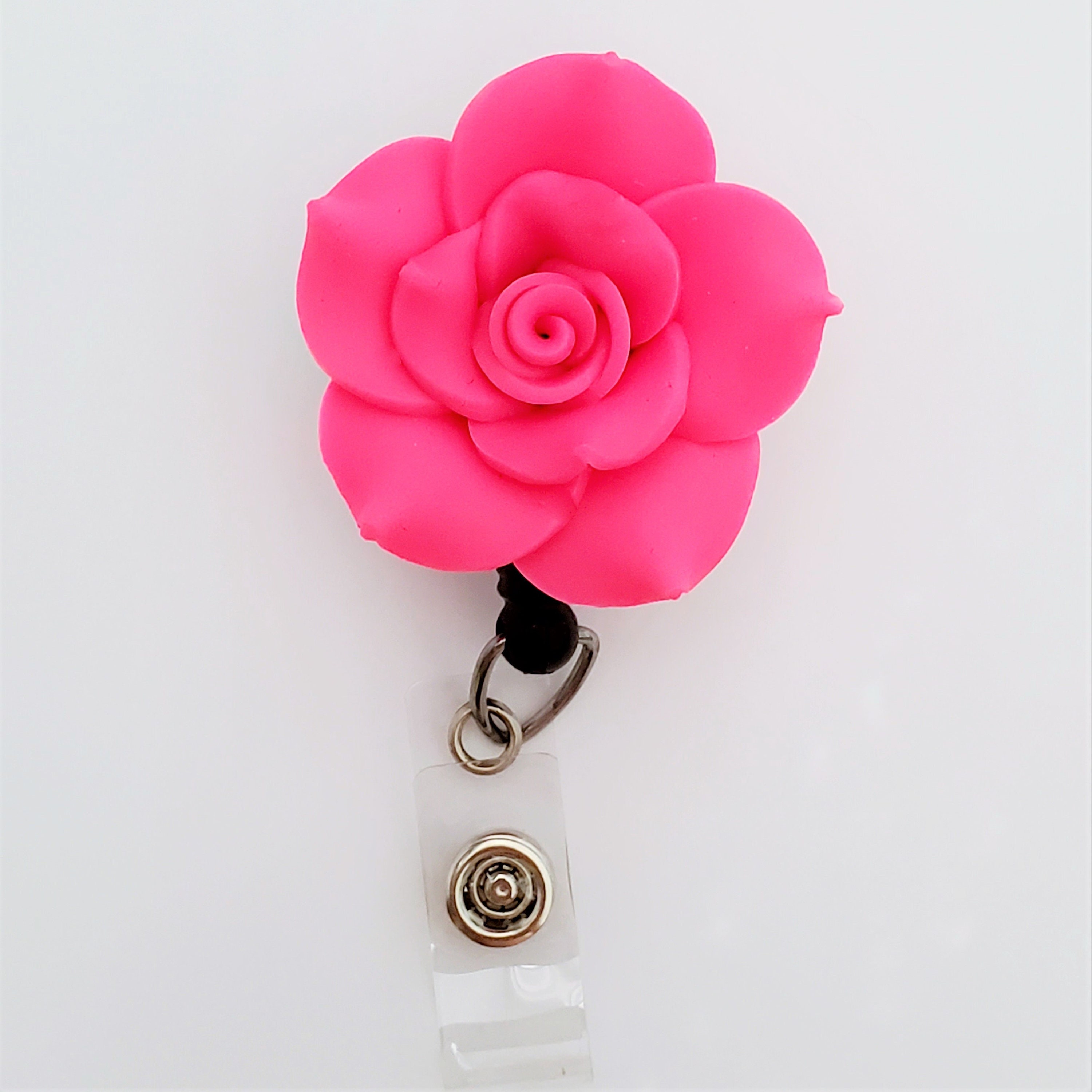 Bright Pink Rose Flower Badge Reel Retractable ID Badge Etsy
