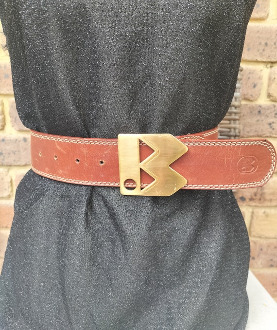 Vintage leather belt, woven, leather belt brass B… - image 1