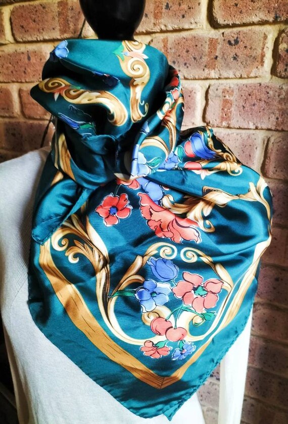 Teal Silk Scarf - Floral Print Made in Italy - Elizabetta