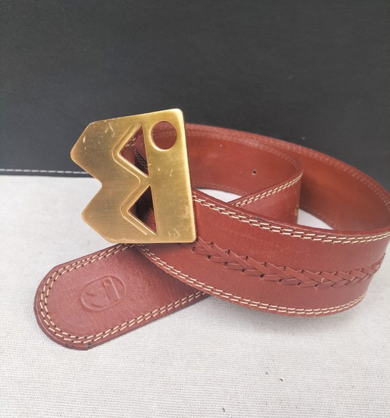 Vintage leather belt, woven, leather belt brass B… - image 3