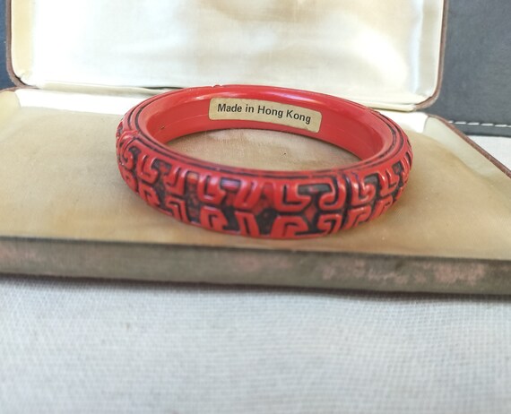 Vintage Cinnabar Carved Bracelet Made in Hong Kong Inner D 6 5 Cm