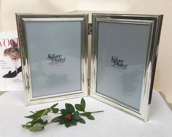 Vintage double photo frame, silver plated hinged double picture frame