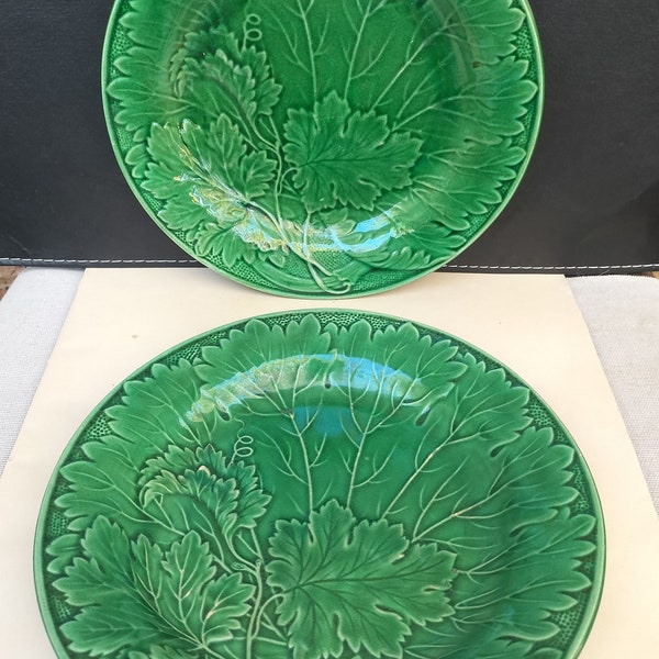 Pair of vintage French majolica plates, vintage Majolica green leaf plate, lot of 2.