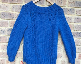 Hand made knitted goat wool jumper sweater pullover, hand knitted electric blue soft wool sweater size S/M