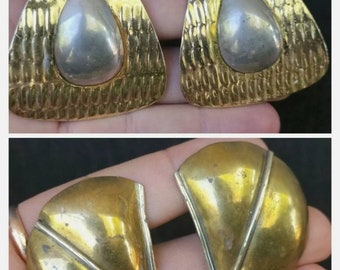 Vintage Brass silver Oversized Textured Clip On Earrings Bulk Lot Of 2.