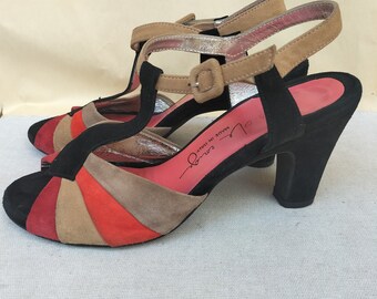 Italian shoes heels, Pos Ole Rouge Sandals Shoes Heels Size 38 Leather Suede, made in Italy, beige, black, orange colour, size 38