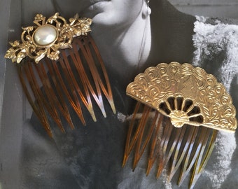 Vintage Art Deco Style Faux Tortoise Shell Hair Comb Lot Of 2