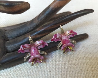 Vintage enamel marcasite orchid flower clip on earrings