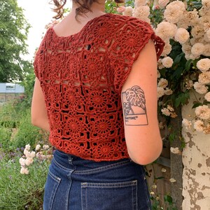 May include: A rust-colored crochet top with a square pattern. The top has short sleeves and a scoop neck. The person wearing the top is standing in front of a bush of white flowers.