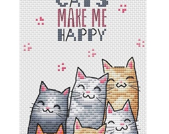 Cats Make Me Happy Cross Stitch Pattern Digital PDF Animal cross stitch Hand embroidery design cross stitch decor