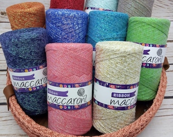 Maccaroni Ribbon with glitter,Metallic Yarn, Sparkling yarn, Ribbon yarn,Cotton crochet yarn, Tshirt yarn, Lurex yarn  Easter yarn