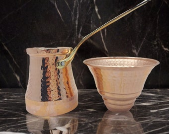 Cezve de café turco de plata, cafetera de cobre macizo estampada a mano, juego de café griego, embudo de cobre, regalo para los amantes del café