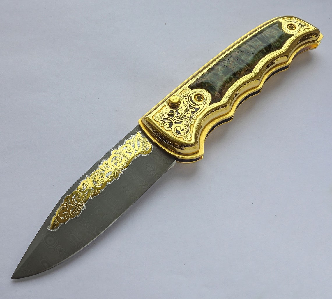 Damascus Folding Knife Ornament Engagement Gift for Him Etsy