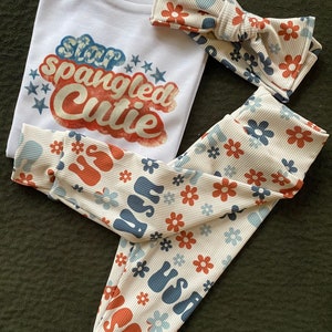 Fourth of July outfit, leggings/pants, leggings with matching headband. Top knot, bow and pants set. baby/toddler. 4th of july.