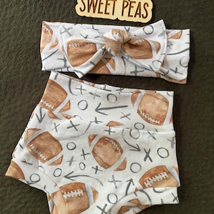 Football outfit, Sports, football high waisted bummies with headband. Baby girl outfit/shorts, baby shower outfit,long sleeve football shirt