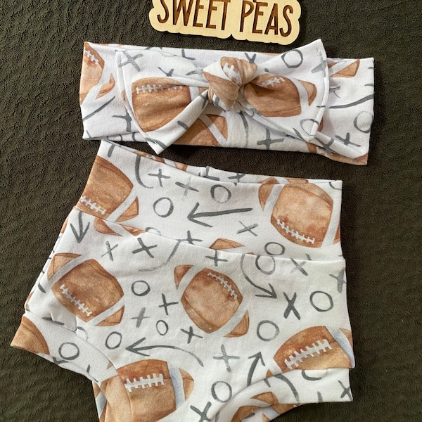 Football outfit, Sports, football high waisted bummies with headband. Baby girl outfit/shorts, baby shower outfit,long sleeve football shirt