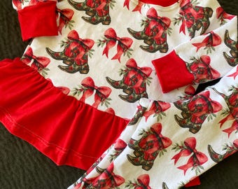 Girls' Christmas Outfit: western Christmas outfit, bows and Boots Peplum Top and Leggings.