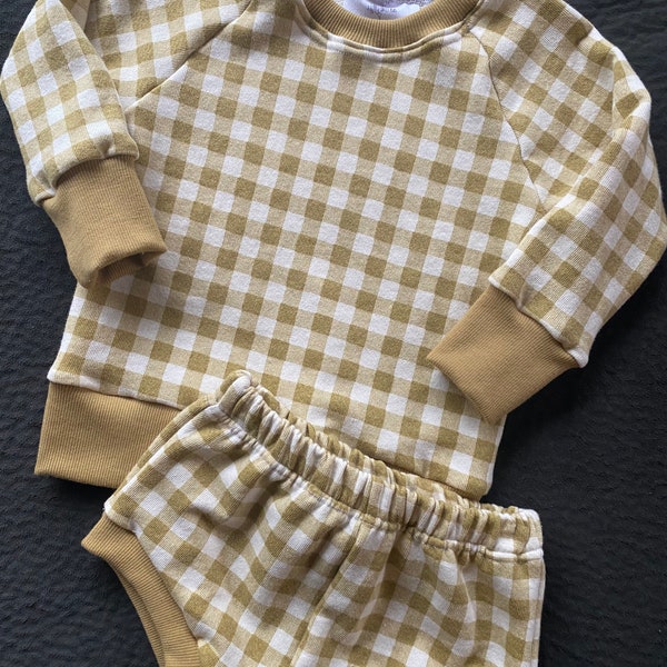 Organic, Gingham yellow lounge set, gender neutral, spring outfit, shorties, raglan top, baby gift, going home outfit.