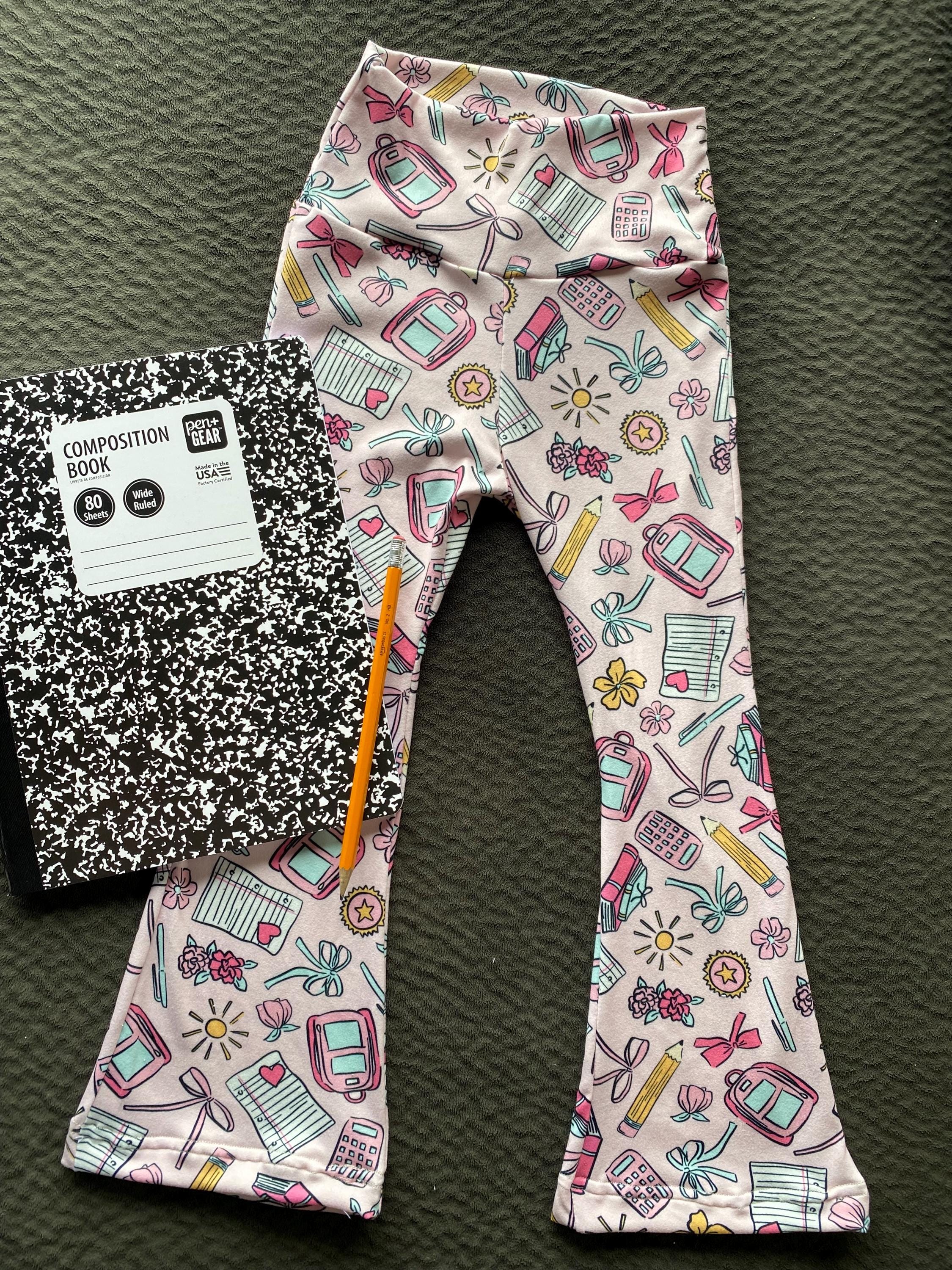 Girls Back to school flares, backpacks, pencils, super soft skinny flare leggings. Girly leggings.