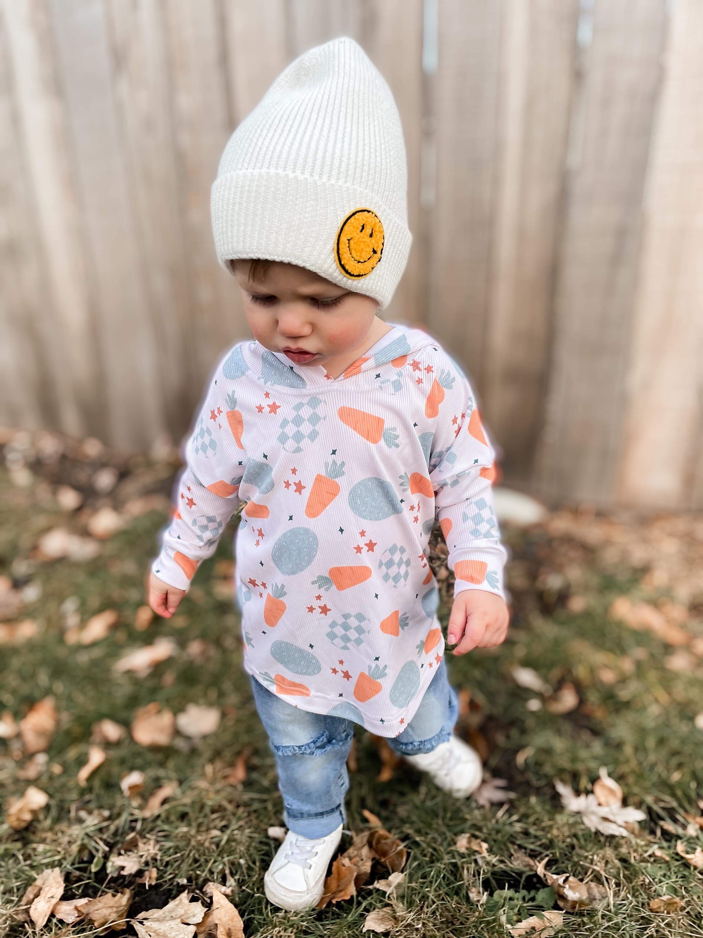 Baby Boy Easter Hoodie: Checkerboard Carrots & Smiley Eggs