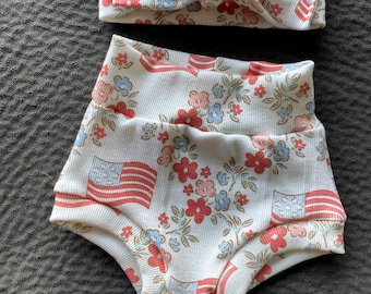 USA Baby Bummies and Bow Headband Set: Patriotic 4th of July Outfit, organic cotton
