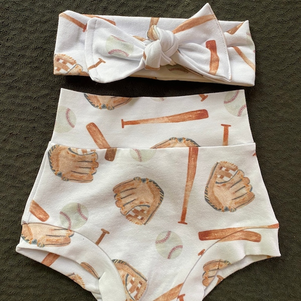 Sports, baseball high waisted bummies. Baby girl shorts, diaper cover, bloomers. Bummies and  bow set. Mommy/me headband, baseball mom adult